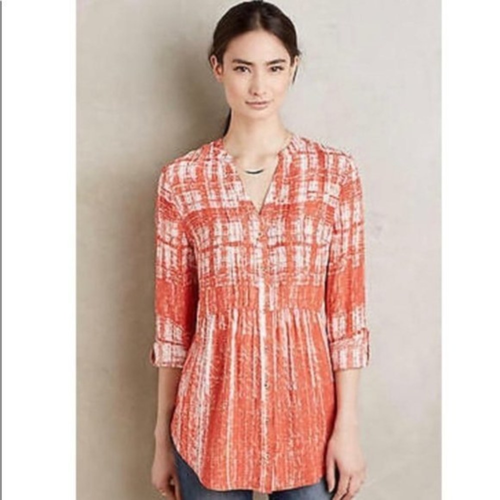 ANTHROPOLOGIE MAEVE Orange White Calia Button Down Boho Tuxedo Front Blouse Sz 4